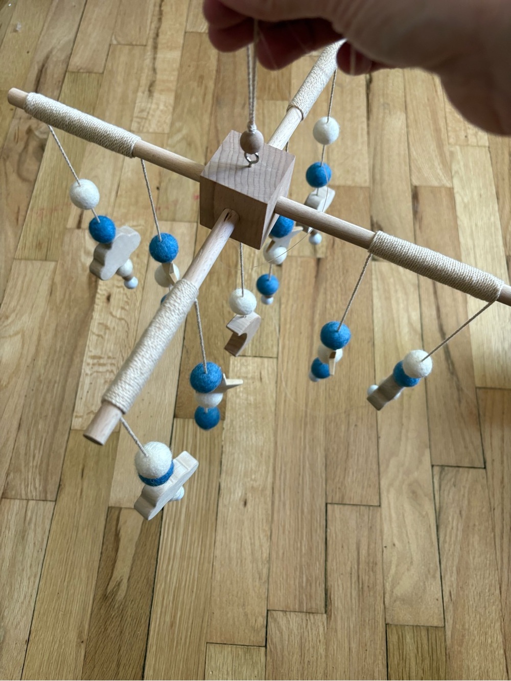 Wooden Baby Mobile with Blue and White Felt Beads